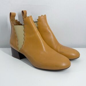 Chloe Tan Leather Scalloped Heeled Ankle Chelsea Boots Size 39.5